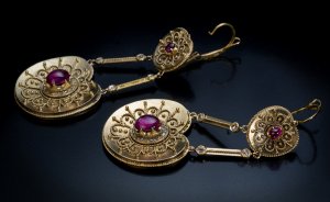 antique Byzantine style gold ruby and diamond earrings