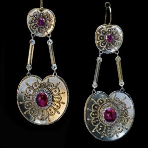 Antique archaeological revival gold filigree earrings with rubies and rose cut diamonds
