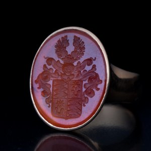 antique carnelian intaglio ring with a noble family coat of arms