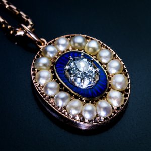 antique blue enamel gold pearl and diamond pendant necklace