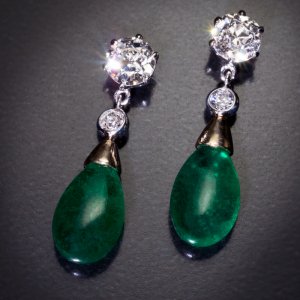 Drop shaped emerald and diamond earrings
