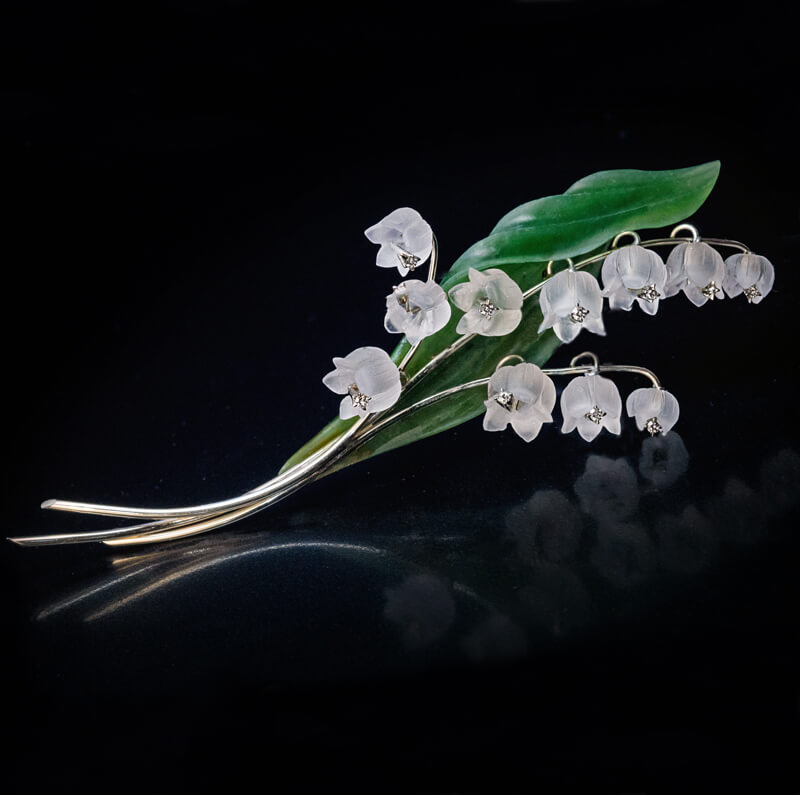 Lilly of the Valley Jade Rock Crystal Diamond White Gold Brooch ...