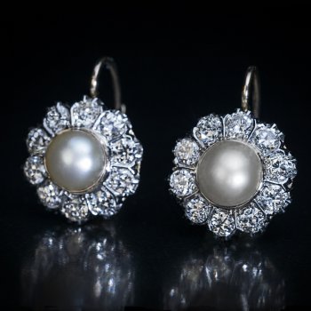 vintage pearl and diamond cluster earrings