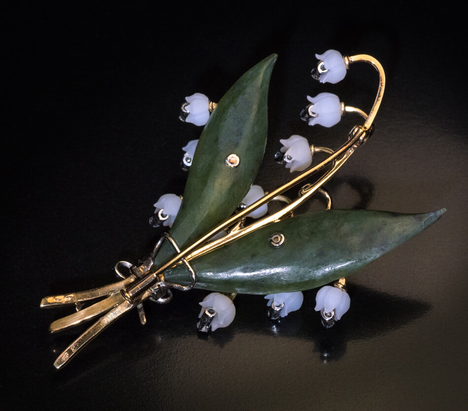 Lilly of the Valley Jade Rock Crystal Diamond Gold Vintage Brooch ...