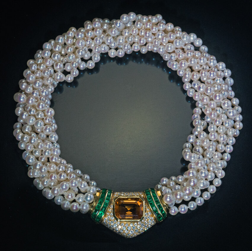 Mid-Century Double Strand Cultured Pearl Necklace with Diamond Clasp