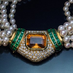 vintage pearl diamond citrine emerald gold necklace