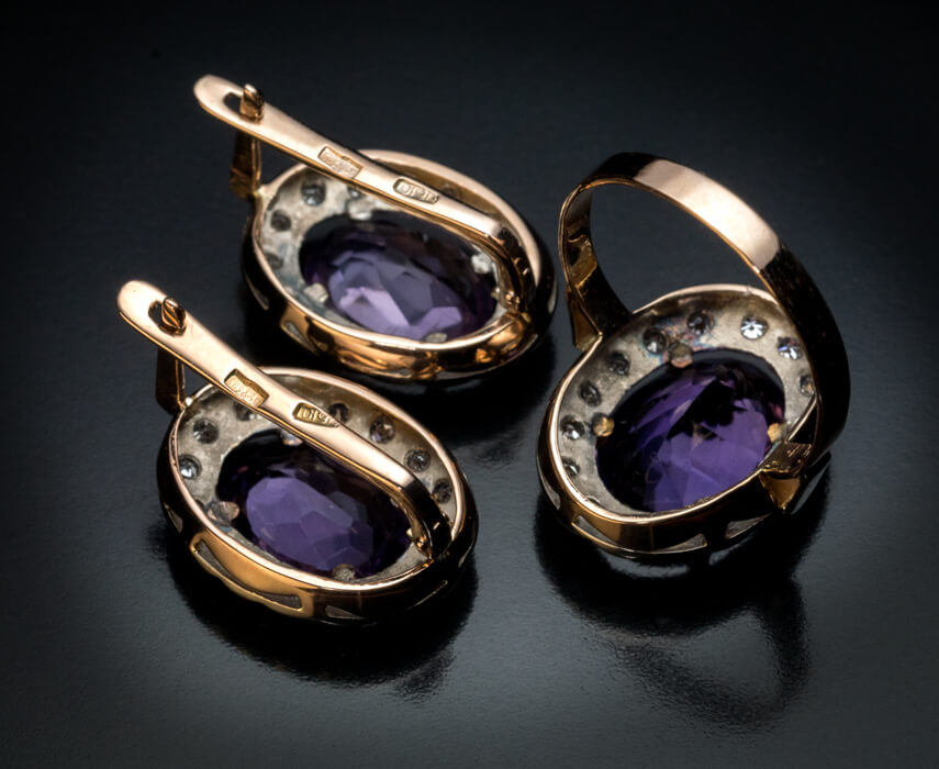 Vintage Russian Amethyst Diamond Gold Ring and Earrings - Antique ...