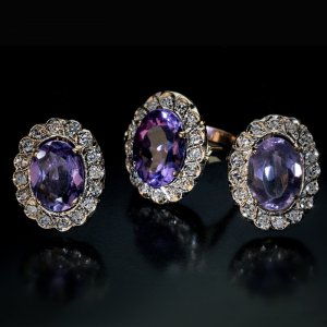vintage amethyst diamond cluster earrings and ring