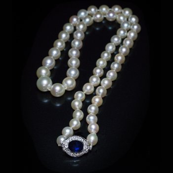 vintage pearl necklace with sapphire clasp