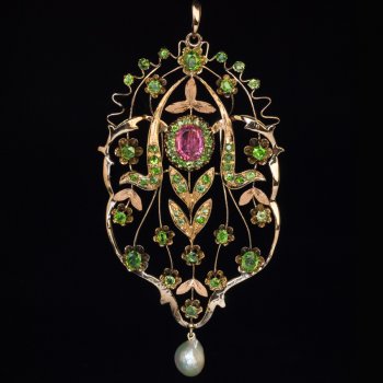 Art Nouveau demantoid tourmaline pearl gold necklace