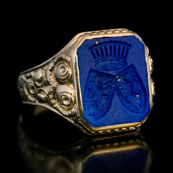 antique gold signet ring with a lapis lazuli armorial intaglio