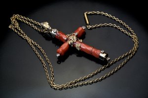 antique cross necklace - coral gold and diamond cross