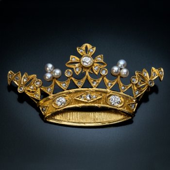 Antique gold diamond pearl crown brooch