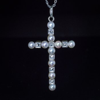 Antique pearl and diamond cross necklace