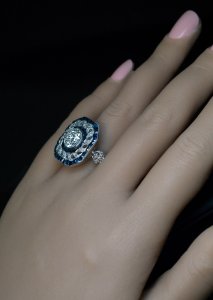 Vintage Art Deco 2.72 ct diamond and calibre cut sapphire engagement ring