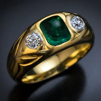 antique emerald diamond three stone 18K gold ring