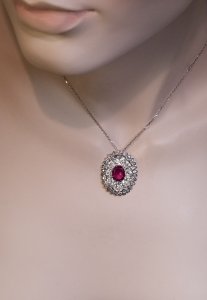 Antique Burma ruby and old mine cut diamond pendant necklace