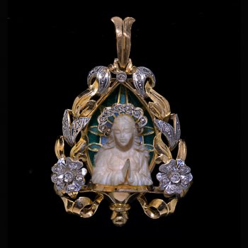 Art Nouveau antique gold, platinum, diamond, enamel and bone Madonna pendant