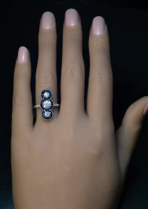 Antique diamond calibre cut sapphire ring