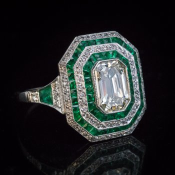 Original Art Deco diamond and emerald engagement ring