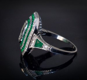Art Deco diamond and emerald vintage engagement ring