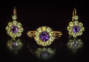 Antique Russian amethyst and chrysolite earrings and a ring set