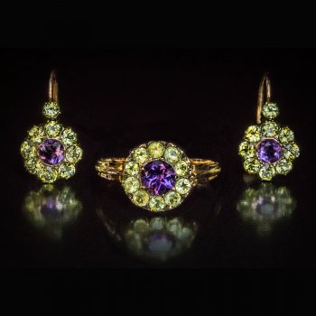 Antique Russian chrysolite and amethyst earrings and a ring