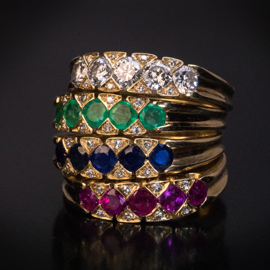 Set of 4 Stackable Gemstone Gold Rings Ref: 278533 - Antique Jewelry