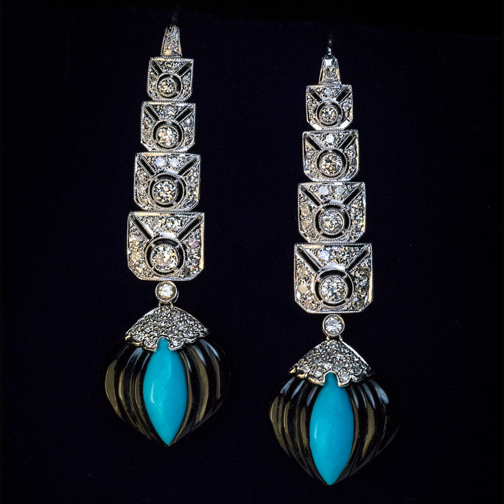 Art Deco Onyx Turquoise Diamond Platinum Earrings Ref: 850594 - Antique ...