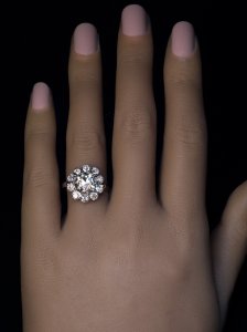 Old mine cut diamond cluster engagement ring