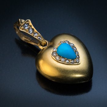 Antique heart shaped turquoise, diamond and gold locket pendant - Victorian jewelry