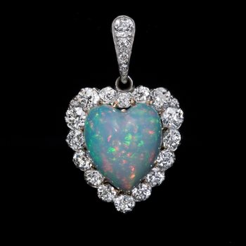 Antique opal and diamond heart shaped pendant necklace