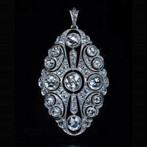 Edwardian jewelry - antique rose cut diamond platinum openwork pendant necklace