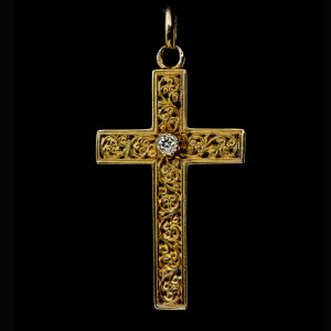 Antique carved gold and diamond cross pendant c. 1880