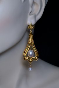 Renaissance style gold enamel and pearl earrings