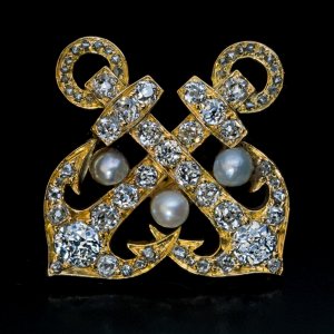 Antique anchor brooch - gold, old mine cut diamonds and pearls c. 1890s
