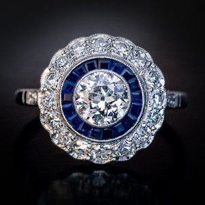 Vintage Art Deco diamond and calibre cut sapphire engagement ring