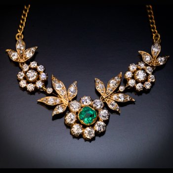 Belle Epoque antique emerald diamond and gold necklace