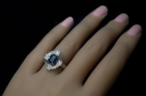 Sapphire diamond and platinum unusual engagement ring