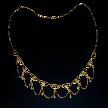 Antique gold and pearl fringe necklace