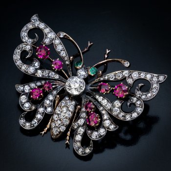 Antique diamond, ruby, emerald brooch pin