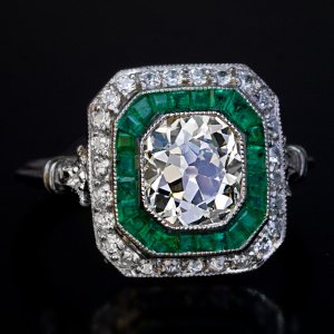 Art Deco diamond and emerald engagement ring