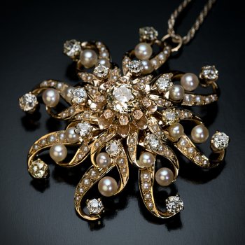 Antique 19th century diamond and pearl gold sunburst pendant necklace
