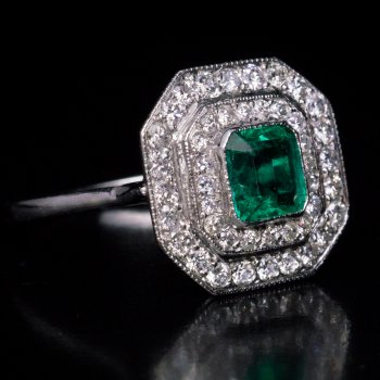 Art Deco emerald diamond platinum engagement ring