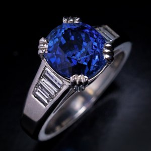 Ceylon sapphire, diamond and platinum engagement ring