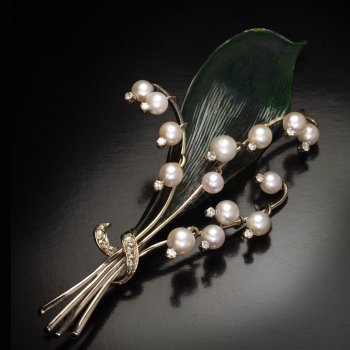 Lily of the valley pearl, diamond, jade and gold pin