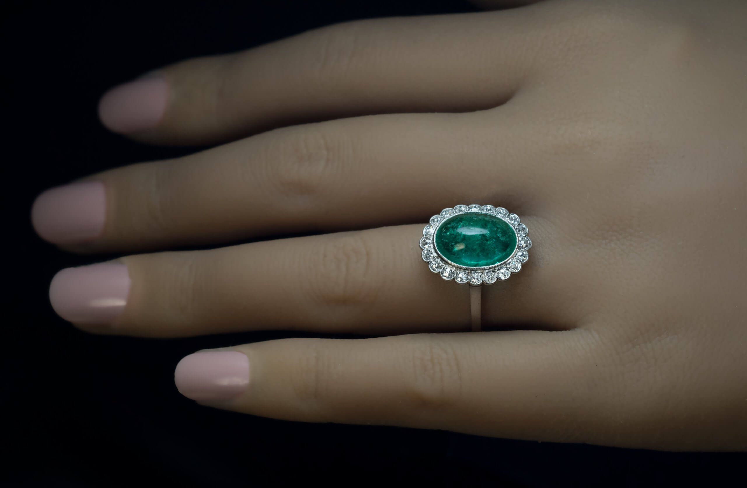 Cabochon Emerald Diamond Vintage Engagement Ring Ref: 427981 - Antique ...