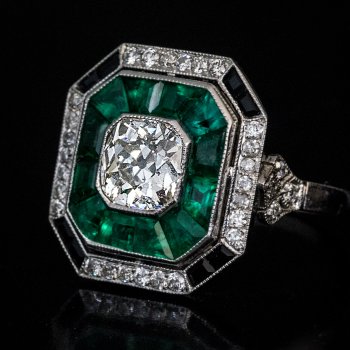 Art Deco style diamond, emerald and onyx ring