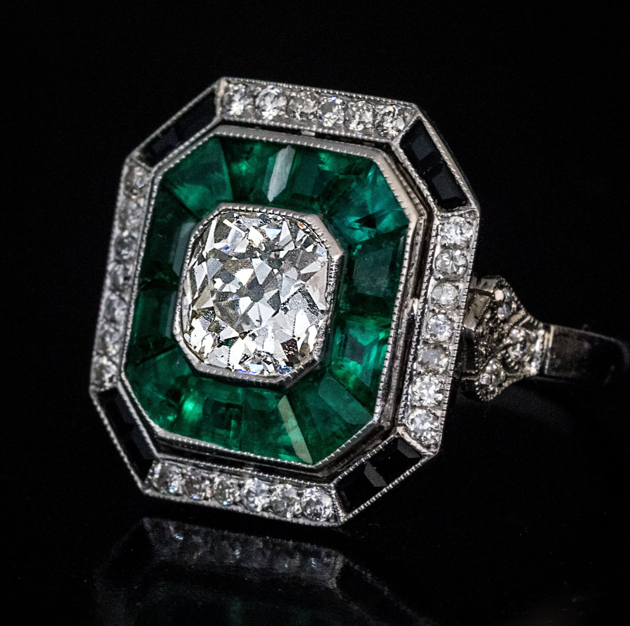Art Deco Style Diamond Emerald Onyx Ring Ref: 469010 - Antique Jewelry ...