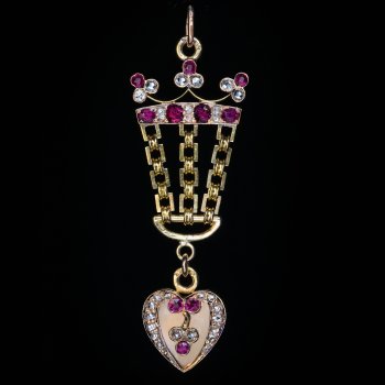 Antique crowned heart ruby diamond gold pendant